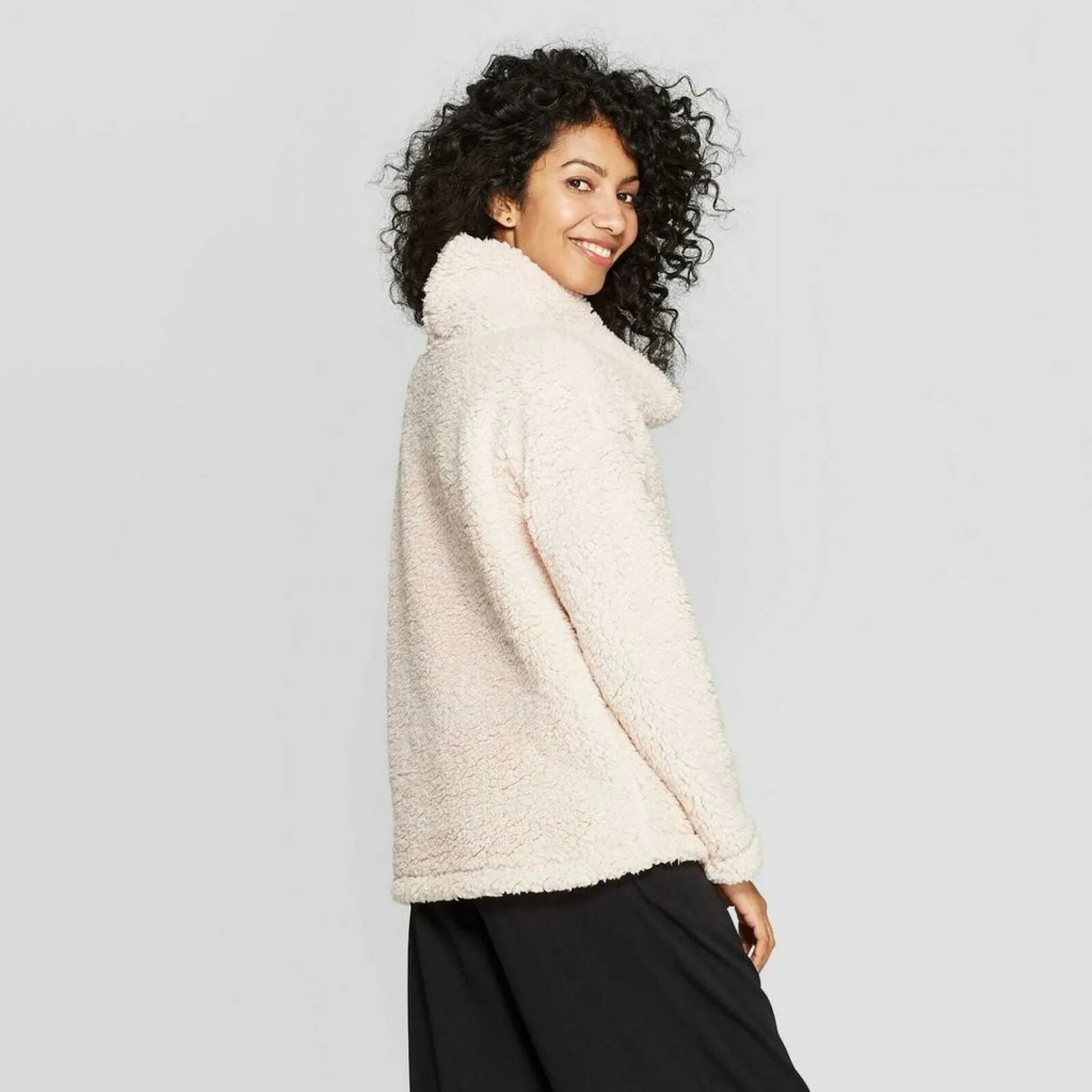 A New Day Women's Sherpa Cowl Neck Pullover Sweater Pink Small