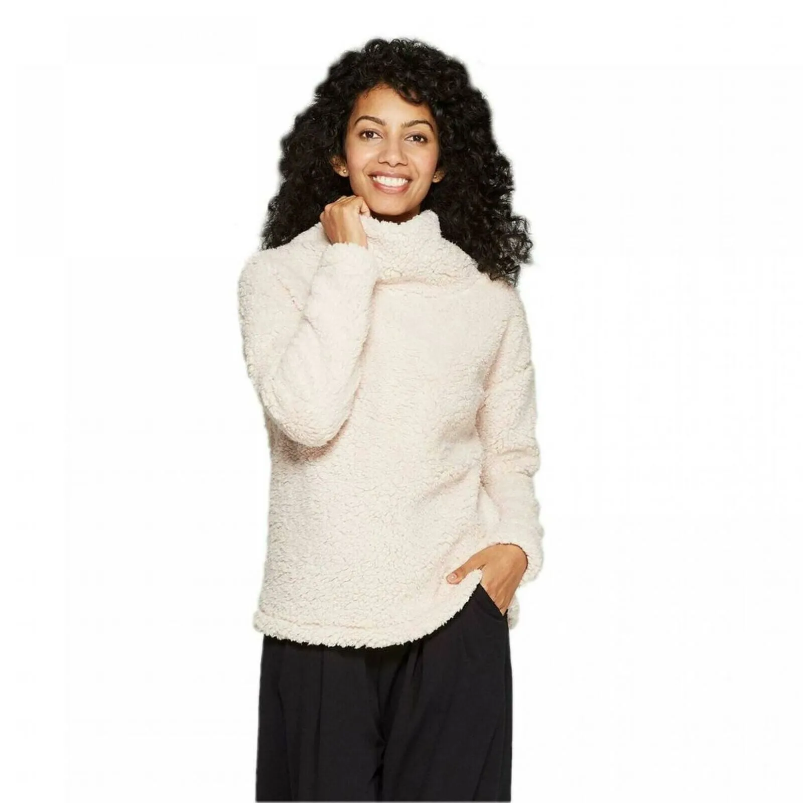 A New Day Women's Sherpa Cowl Neck Pullover Sweater Pink Small