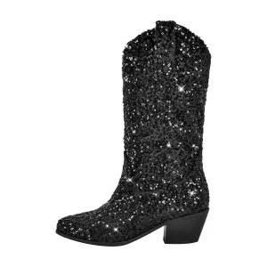 Black Sparkle Sequins Mid-Calf Boots