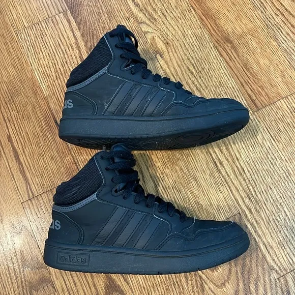 Boy’s Adidas Hoops Mid J 'Black Grey' Sneakers. Size 2. Excellent Condition.