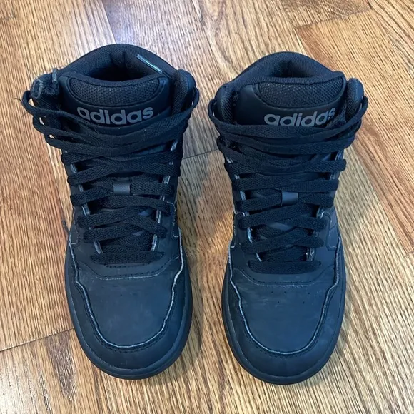 Boy’s Adidas Hoops Mid J 'Black Grey' Sneakers. Size 2. Excellent Condition.