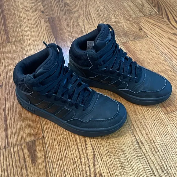 Boy’s Adidas Hoops Mid J 'Black Grey' Sneakers. Size 2. Excellent Condition.