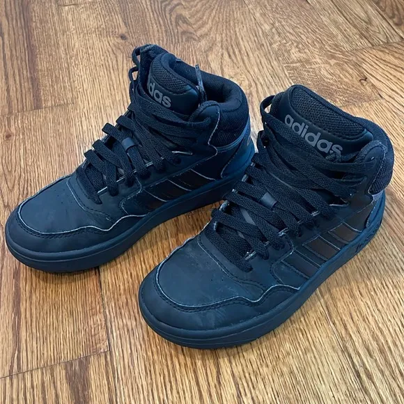 Boy’s Adidas Hoops Mid J 'Black Grey' Sneakers. Size 2. Excellent Condition.