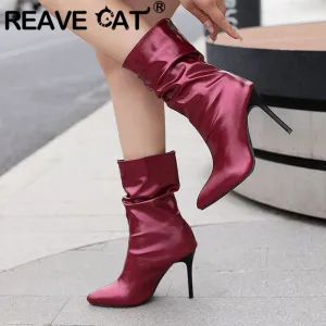 cold weather outfits JazzHer Sexy Women Ankle Boots Pointed Toe Thin High Heels 10cm Slip On Pleated 46 47 48 Fashion Party Lady Booties