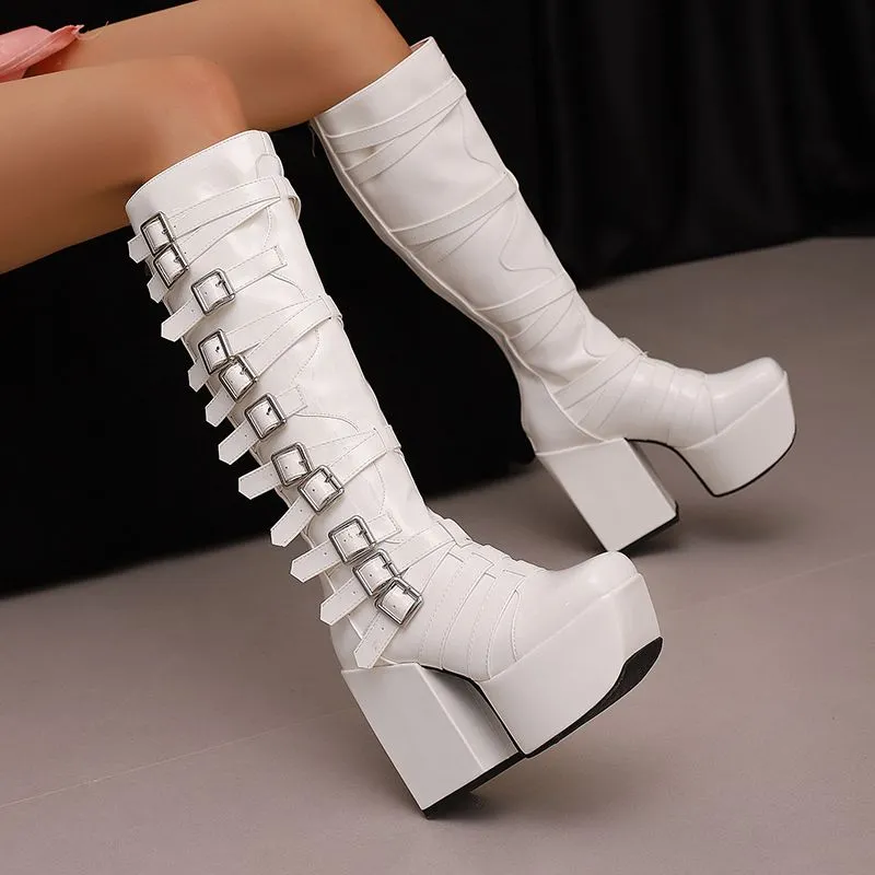 cold weather outfits JazzHer Women Knee High Boots Toe Chunky Heels 12cm Platform Hill 6cm Size 47 48