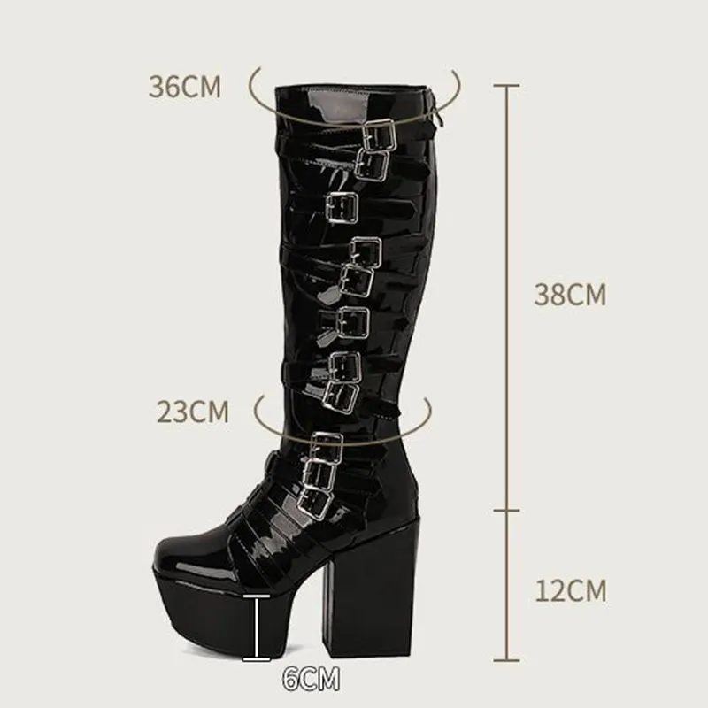 cold weather outfits JazzHer Women Knee High Boots Toe Chunky Heels 12cm Platform Hill 6cm Size 47 48