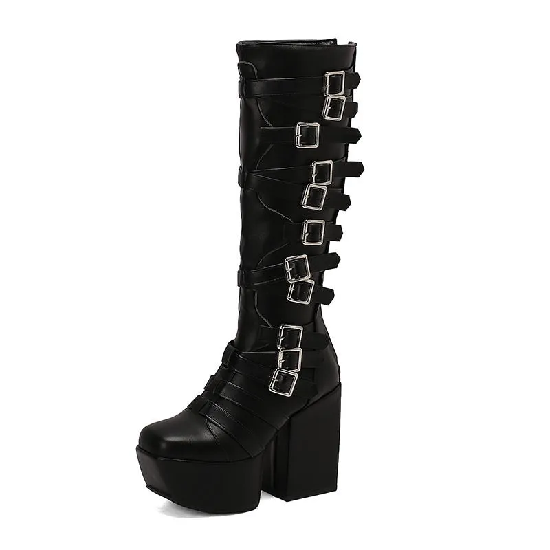 cold weather outfits JazzHer Women Knee High Boots Toe Chunky Heels 12cm Platform Hill 6cm Size 47 48