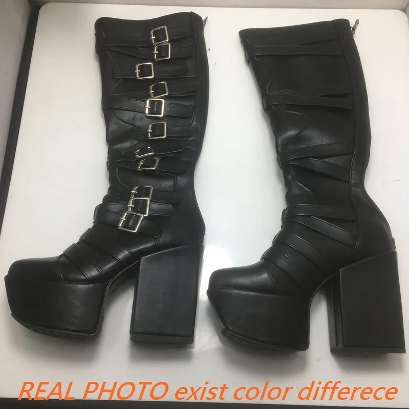 cold weather outfits JazzHer Women Knee High Boots Toe Chunky Heels 12cm Platform Hill 6cm Size 47 48