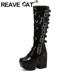 cold weather outfits JazzHer Women Knee High Boots Toe Chunky Heels 12cm Platform Hill 6cm Size 47 48