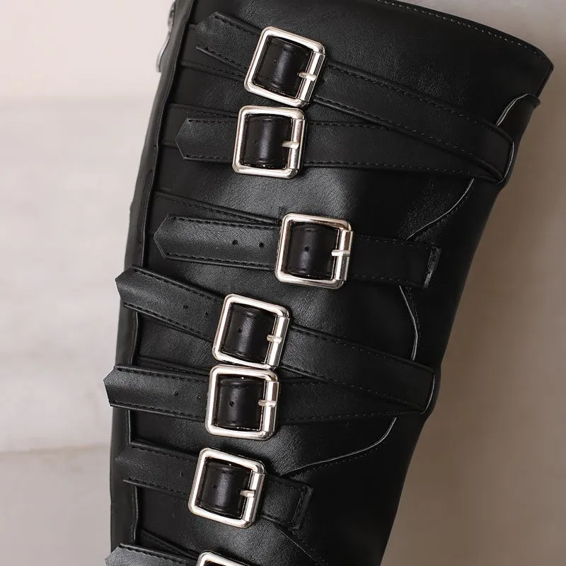 cold weather outfits JazzHer Women Knee High Boots Toe Chunky Heels 12cm Platform Hill 6cm Size 47 48