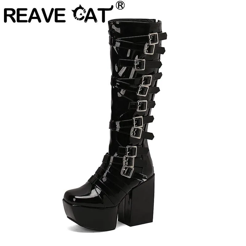 cold weather outfits JazzHer Women Knee High Boots Toe Chunky Heels 12cm Platform Hill 6cm Size 47 48