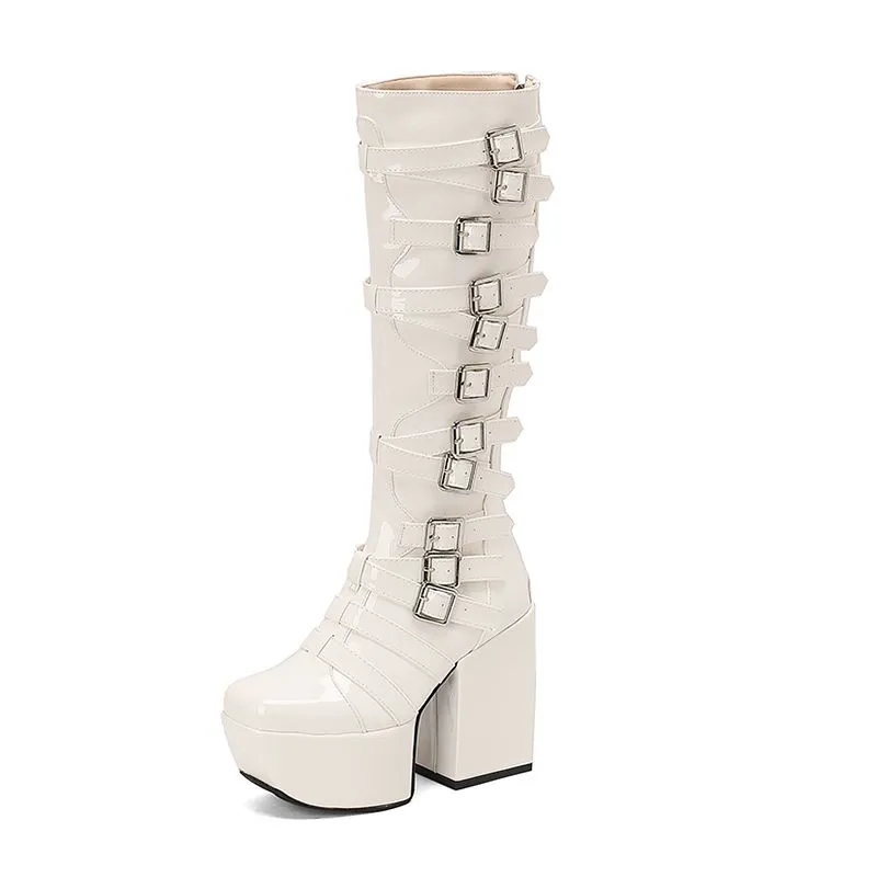 cold weather outfits JazzHer Women Knee High Boots Toe Chunky Heels 12cm Platform Hill 6cm Size 47 48