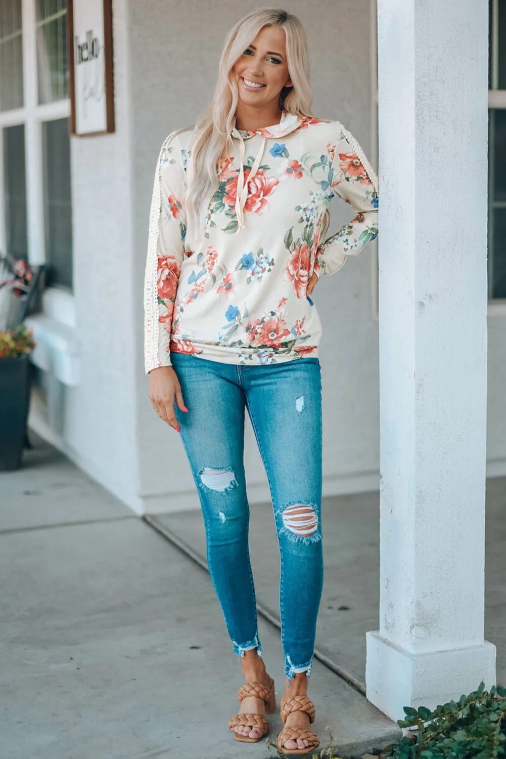 Floral Print Lace Contrast Long Sleeve Hoodie