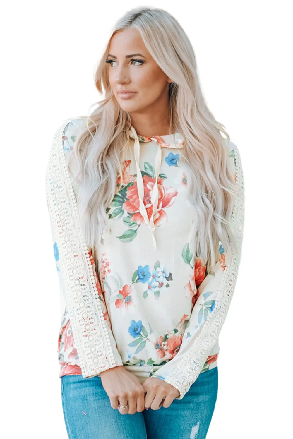 Floral Print Lace Contrast Long Sleeve Hoodie
