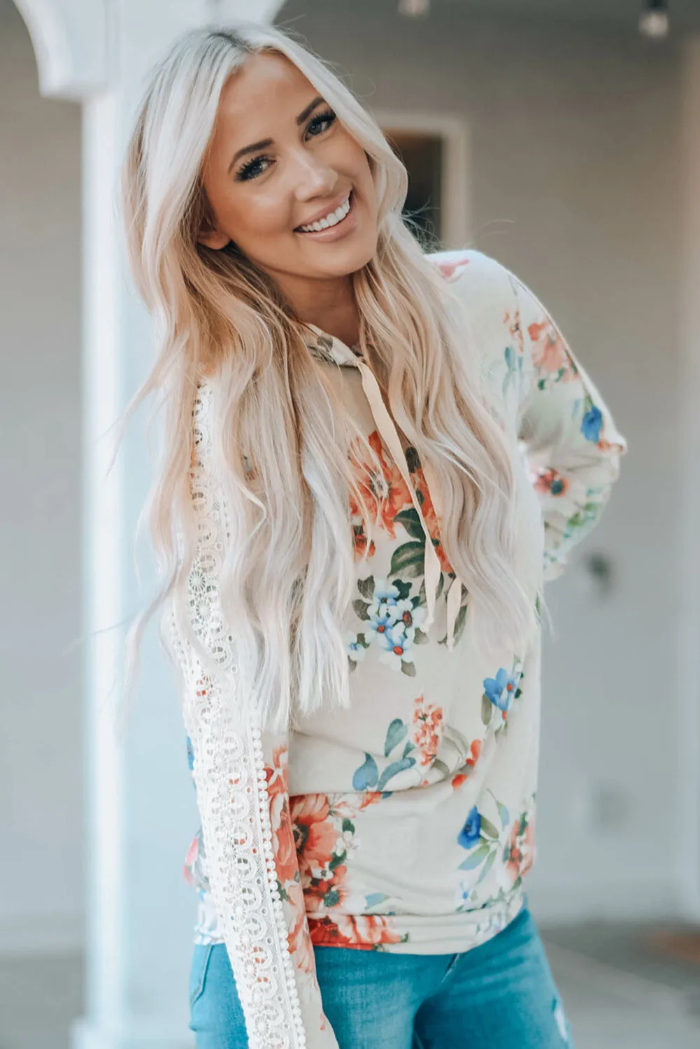 Floral Print Lace Contrast Long Sleeve Hoodie
