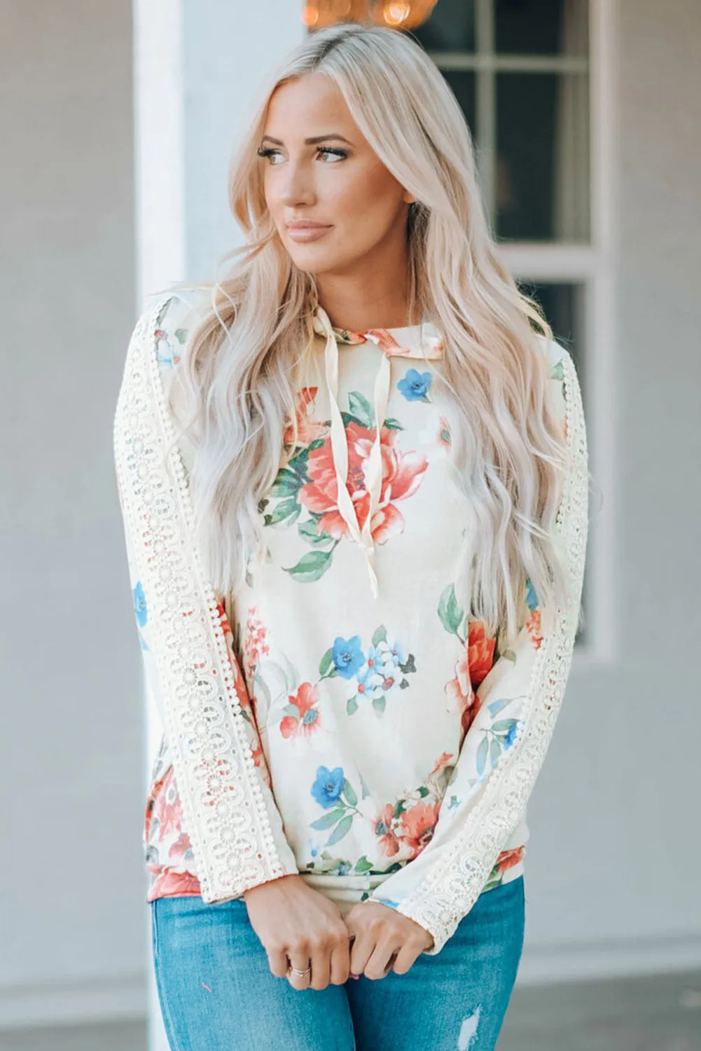 Floral Print Lace Contrast Long Sleeve Hoodie