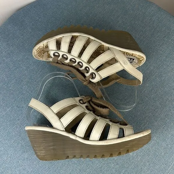 Fly London Yito Off-White Leather Lace Up Wedge Slingback Sandals Size 5.5/6