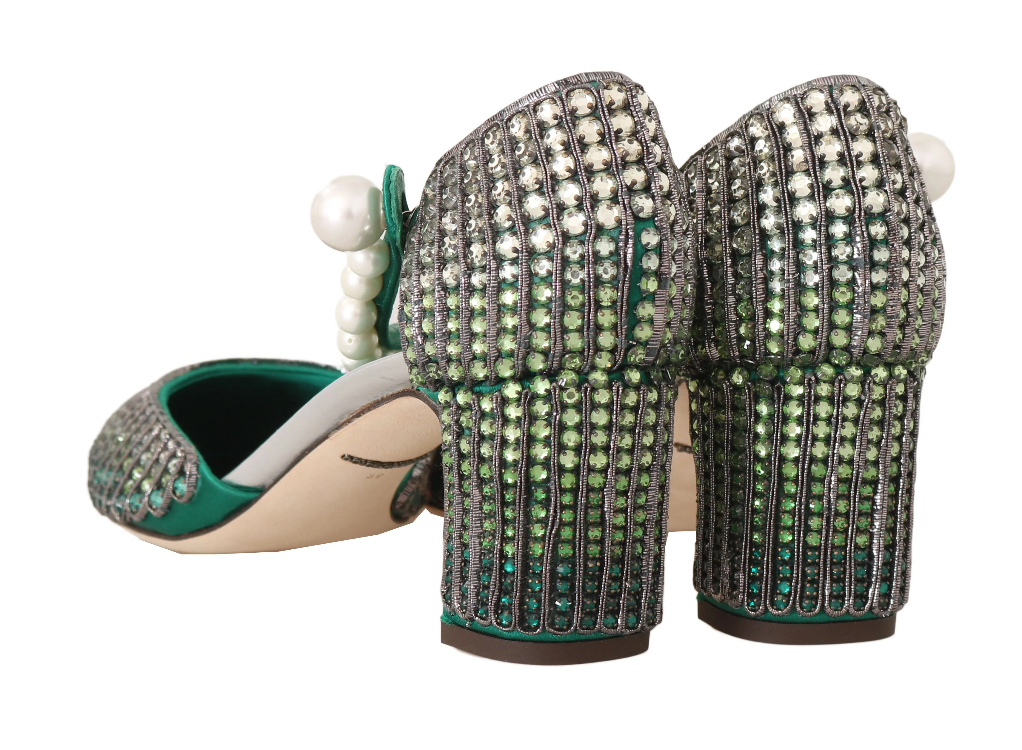 Green Leather Silk Crystal Sandals