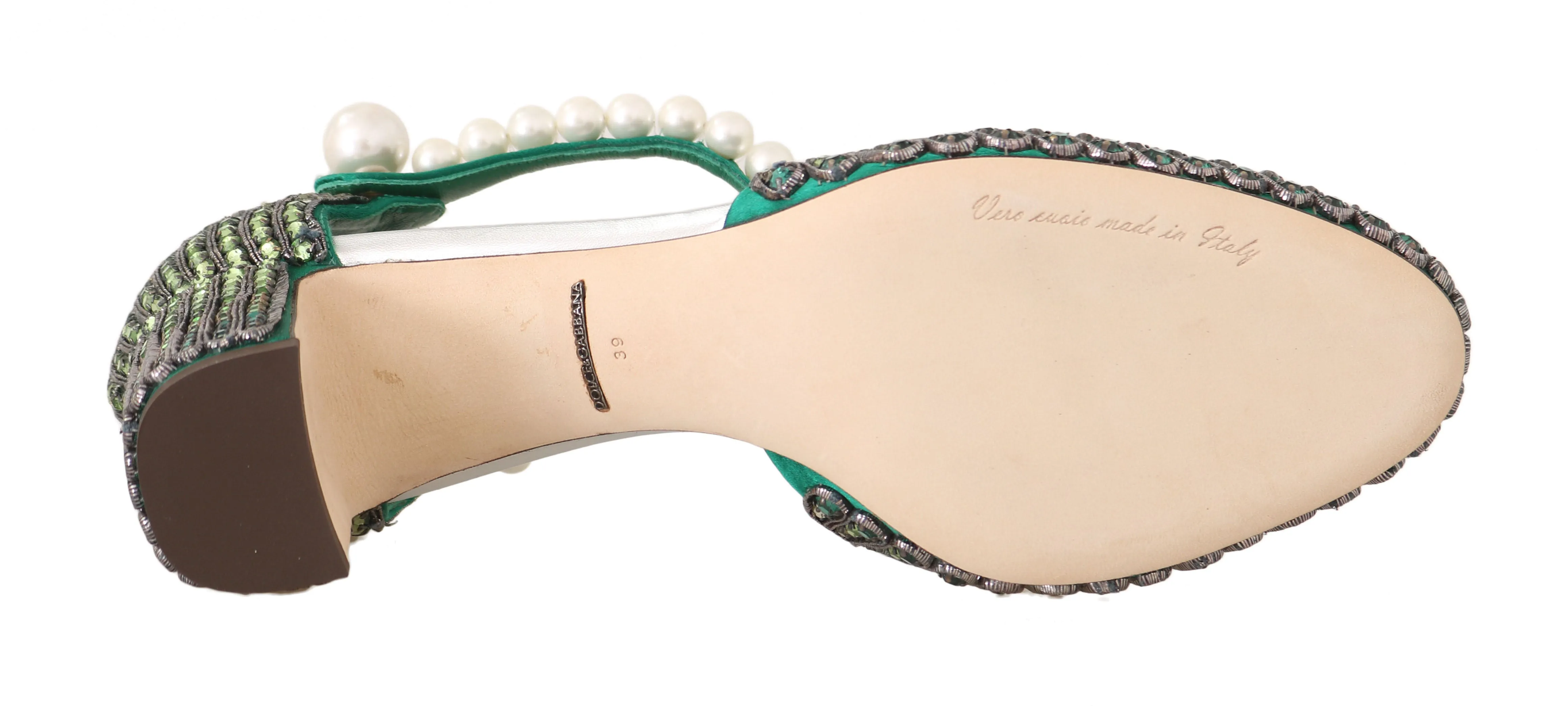 Green Leather Silk Crystal Sandals