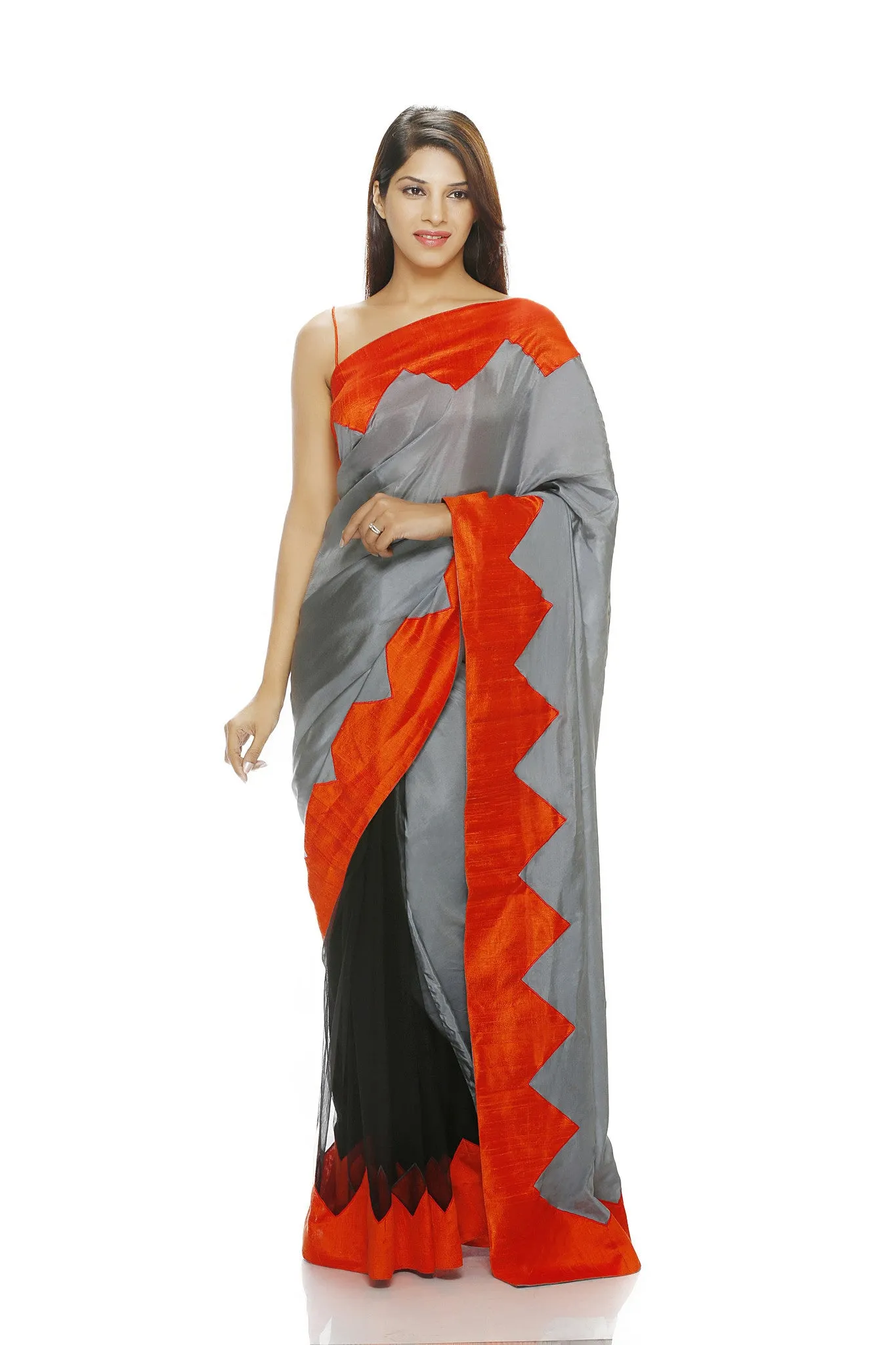 GREY SILK AND BLACK NET SAREE WITH ORANGE CHEVRON BORDER