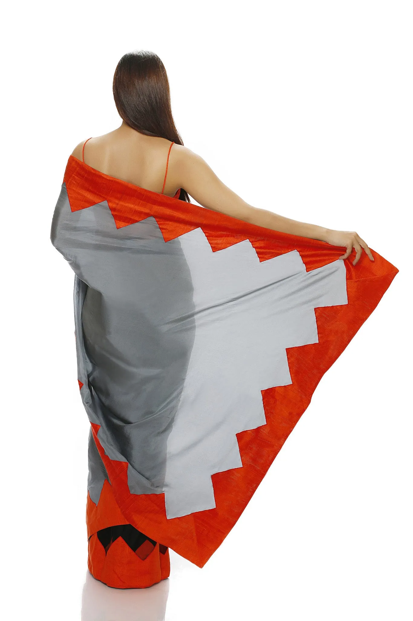 GREY SILK AND BLACK NET SAREE WITH ORANGE CHEVRON BORDER