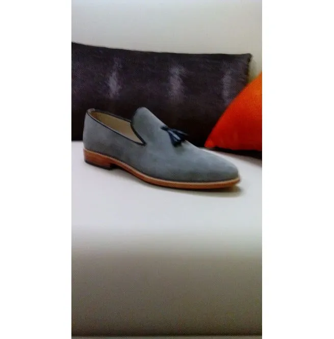 Handmade Men Gray Suede Loafer Shoes, Leather Moccasin Slipons