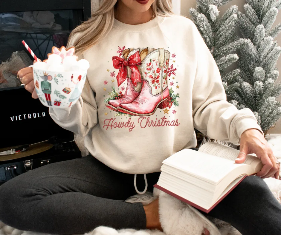 Howdy Christmas Red/Tan Cowboy Boots Tan/Cream Sweatshirt