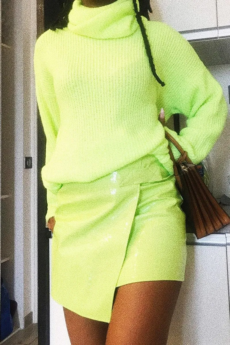 Lime PU Faux Croc Wrap Over Skirt - Enessa