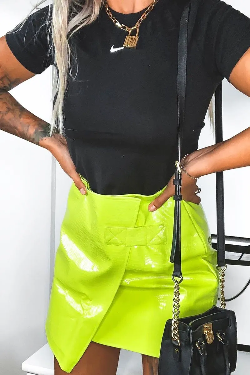 Lime PU Faux Croc Wrap Over Skirt - Enessa