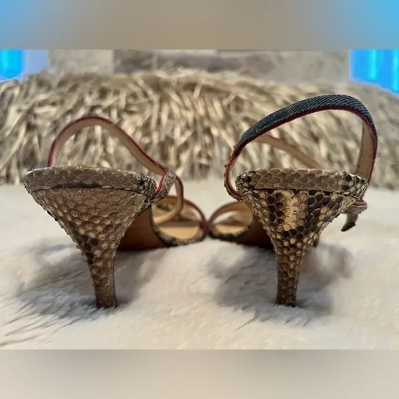 LUCIANO PADOVAN 36.5 5.5 6 Snake Print Leather Denim Italian 3.5” Heels Sandals