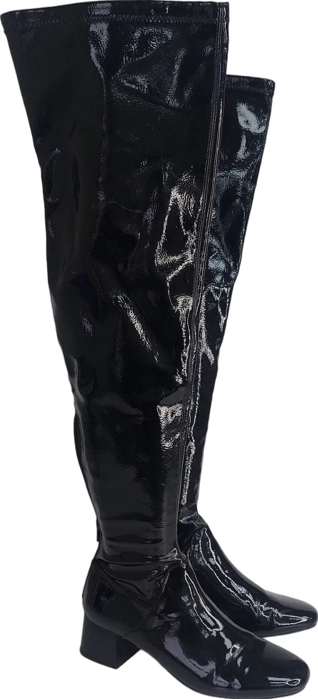MANGO Black OVER THE KNEE Patent Boots UK 4 EU 37 👠