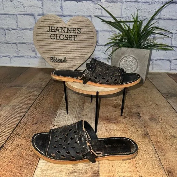 Musse &amp; Cloud Womens Size 7 Sandals Brown Leather Perf Buckle Slide Flats EU 38