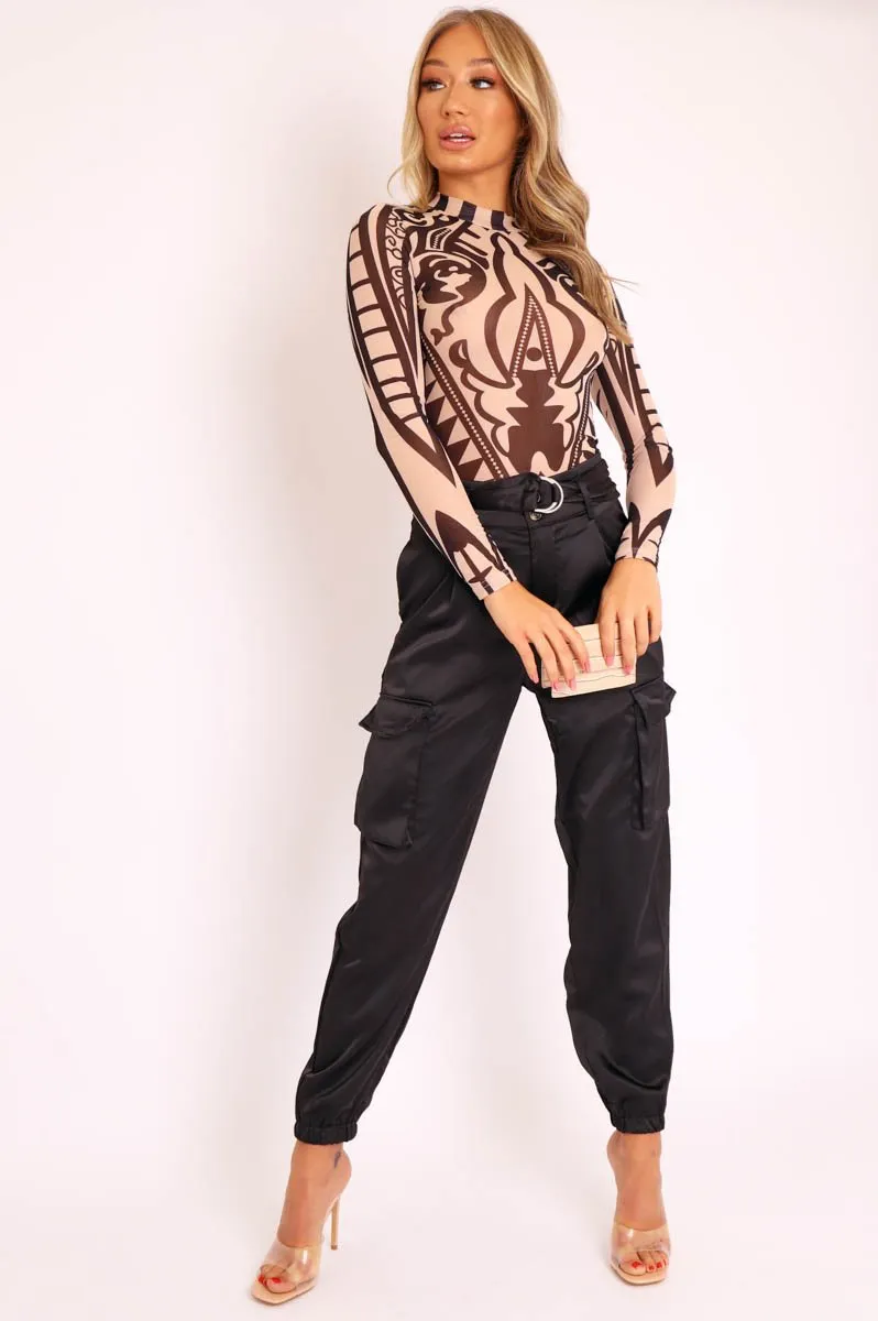 Nude Black Mesh Long Sleeve Patterned Bodysuit - Caci