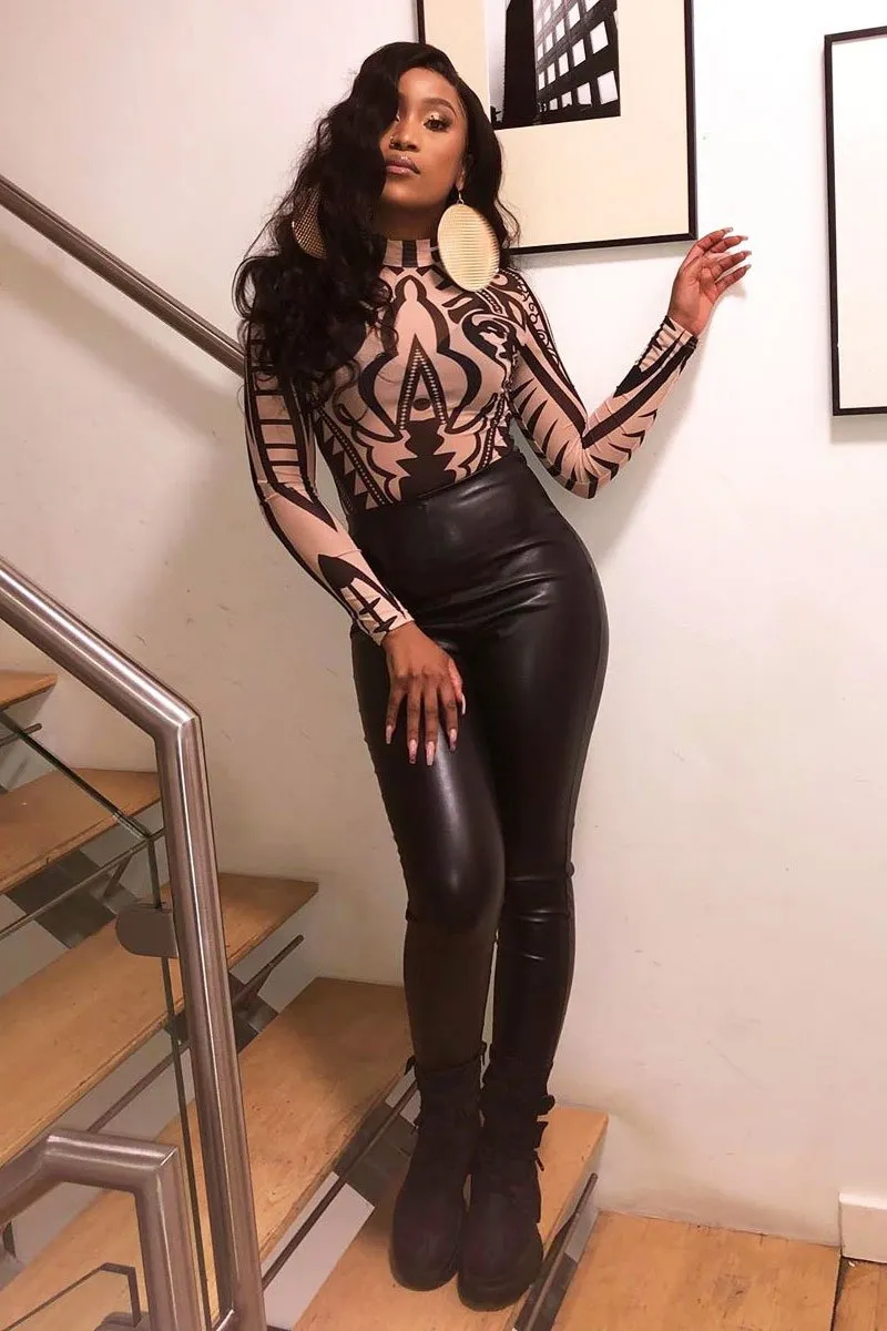 Nude Black Mesh Long Sleeve Patterned Bodysuit - Caci