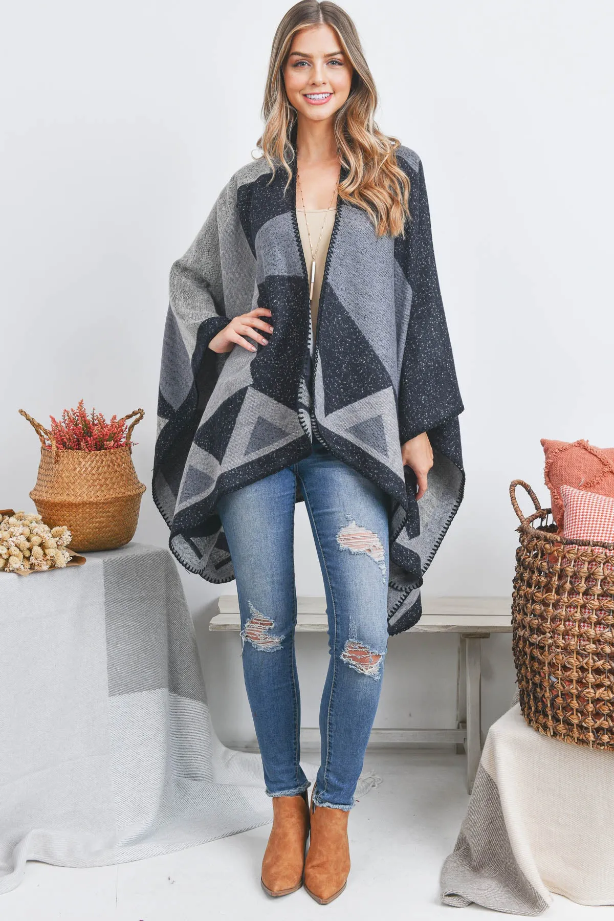 OPEN FRONT GEOMETRIC SHAPE PRINT RUANA WRAP KIMONO