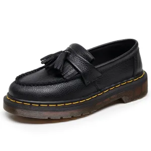 PEOPLETERRITORY Lychee pattern fringed loafers women's genuine leather low-top small leather shoes top layer British style fashion student round head casual shoes