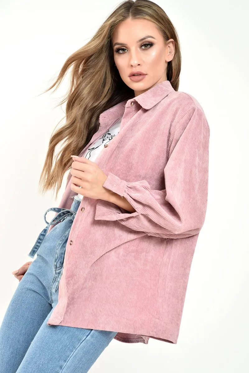 Pink Corduroy Button Front Long Sleeve Shirt - Falcon