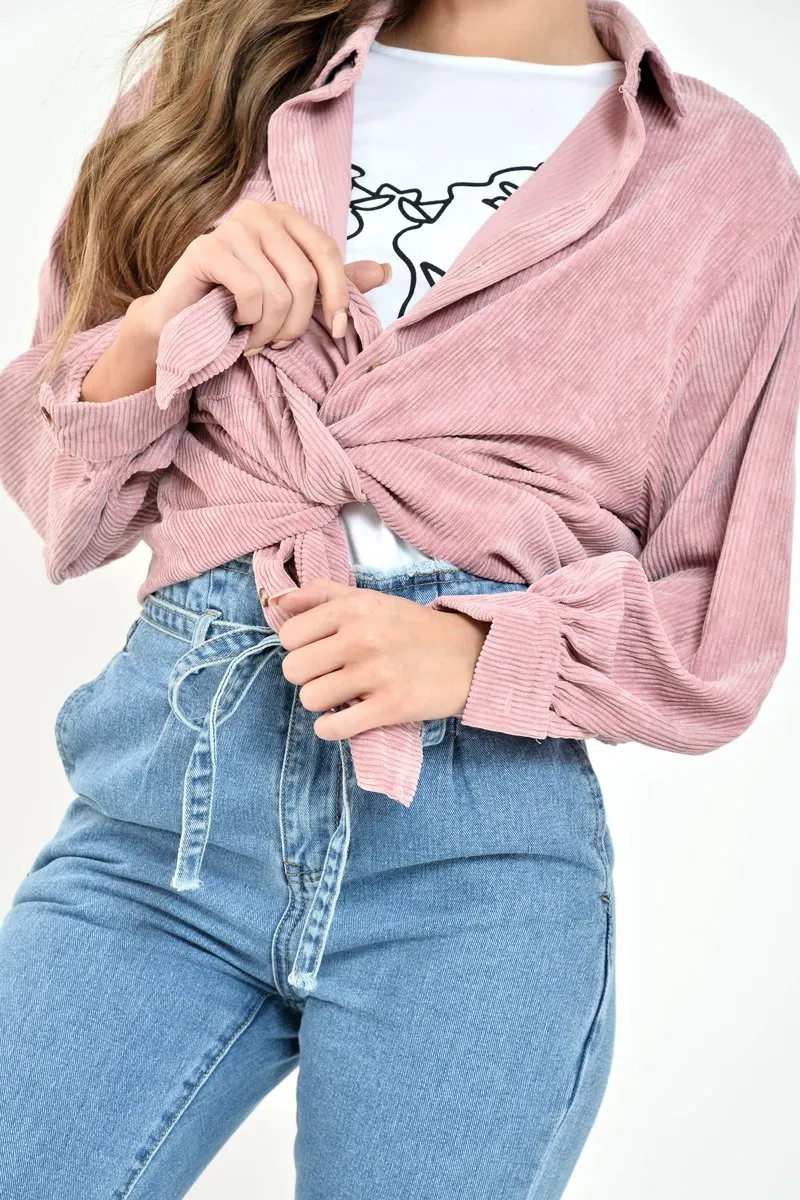 Pink Corduroy Button Front Long Sleeve Shirt - Falcon