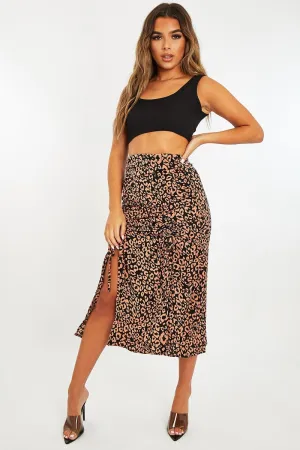 Pink Leopard Front Ruched Midi Skirt - Esmie