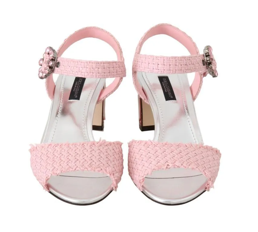 Pink Straw Crystal BAR Heel Sandals