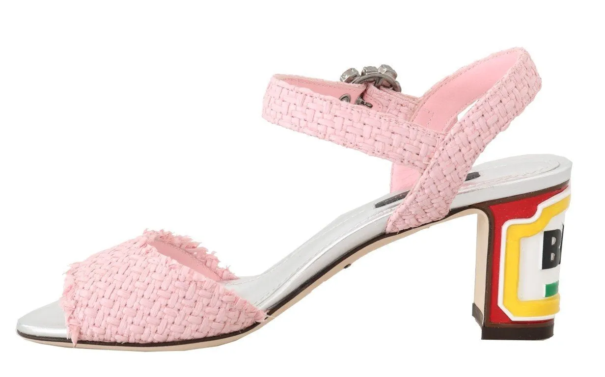 Pink Straw Crystal BAR Heel Sandals