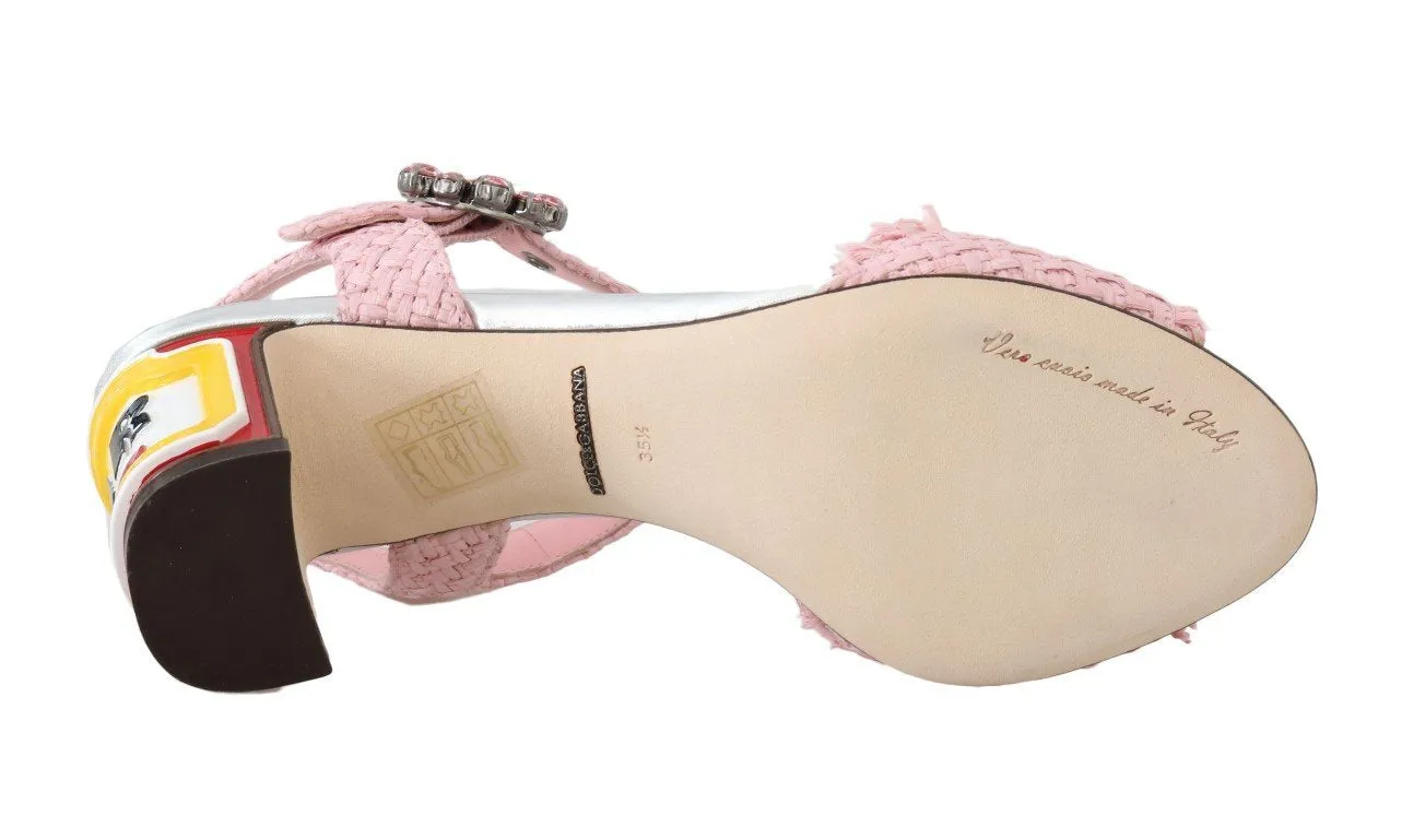 Pink Straw Crystal BAR Heel Sandals