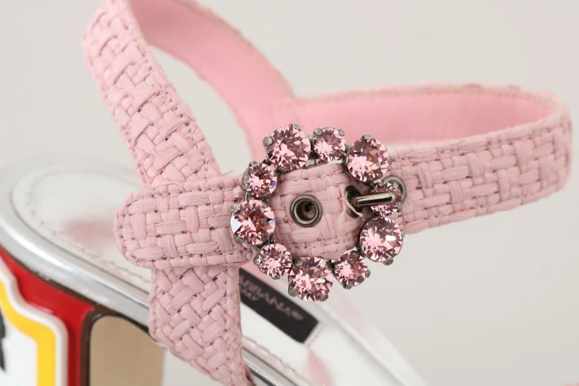 Pink Straw Crystal BAR Heel Sandals
