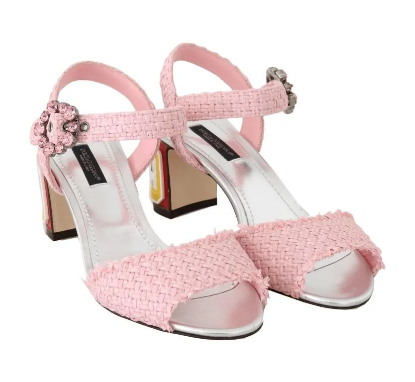 Pink Straw Crystal BAR Heel Sandals