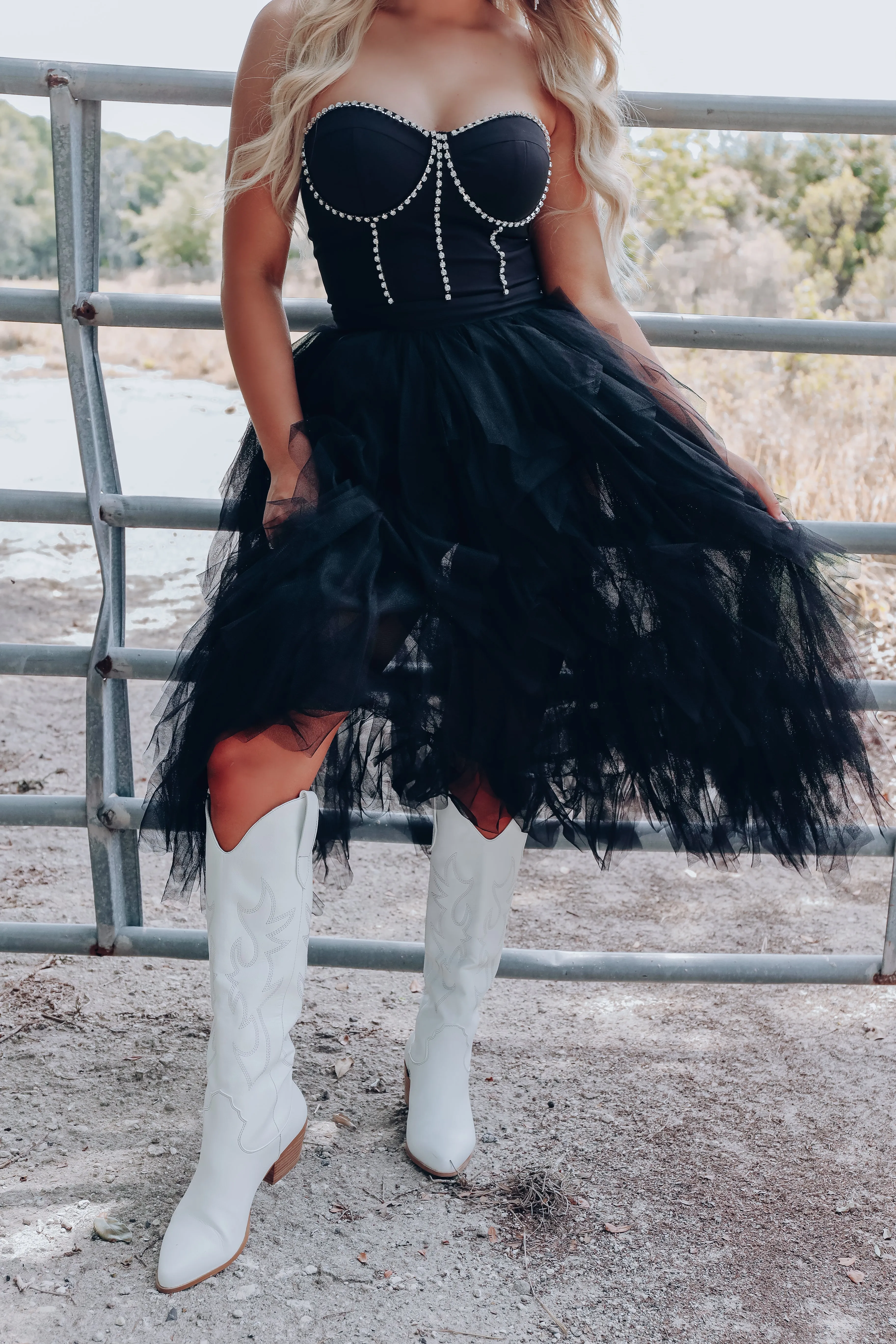 Prima Donna Rhinestone/Tulle Bodysuit Dress - Black
