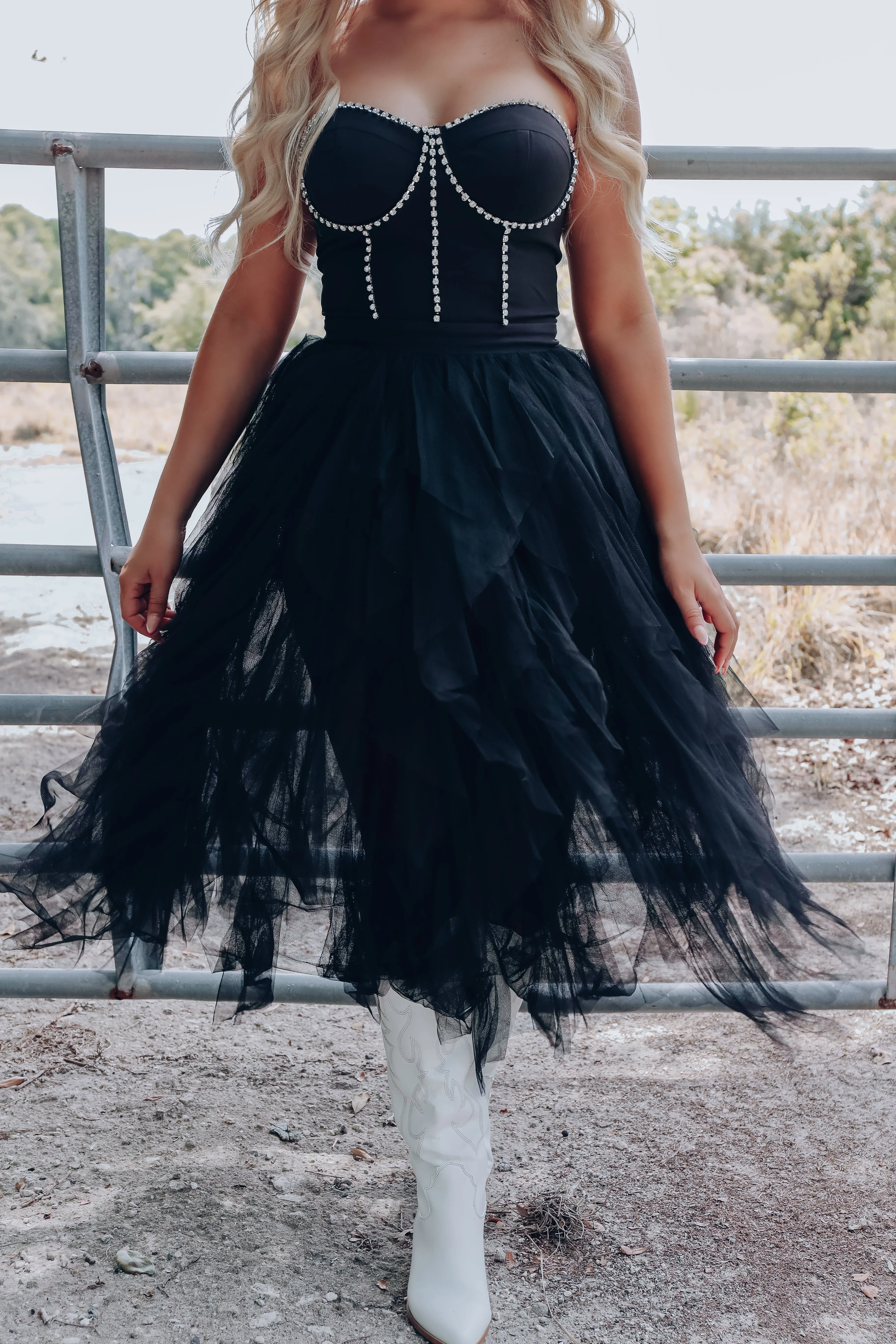 Prima Donna Rhinestone/Tulle Bodysuit Dress - Black