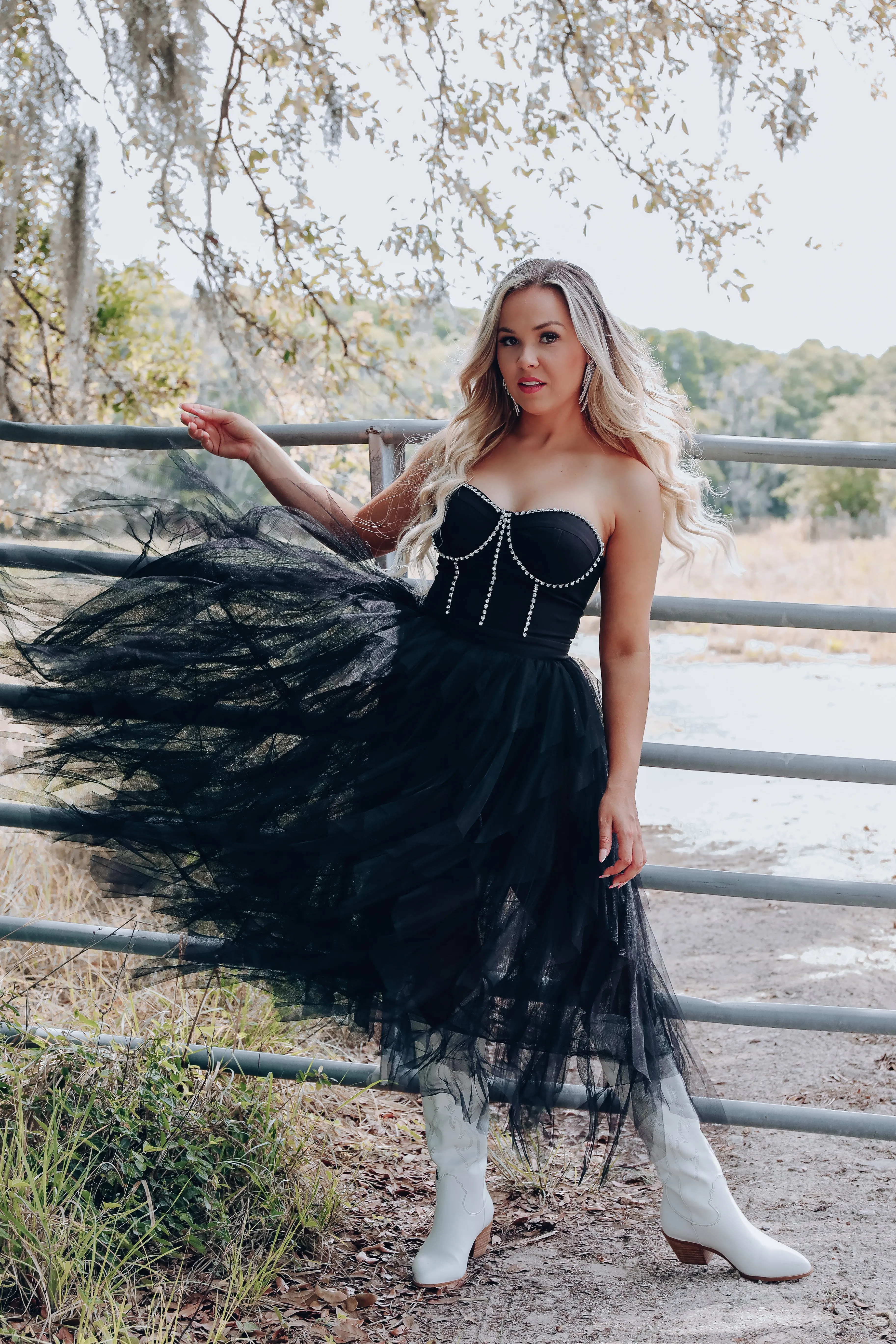 Prima Donna Rhinestone/Tulle Bodysuit Dress - Black