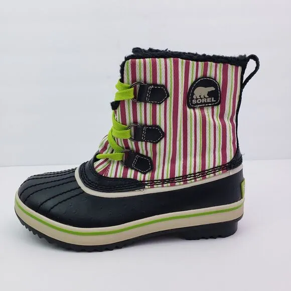Sorel Tivoli Pac Girls Size 2Y Black Pink Green Striped Winter Snow Boots NY1819