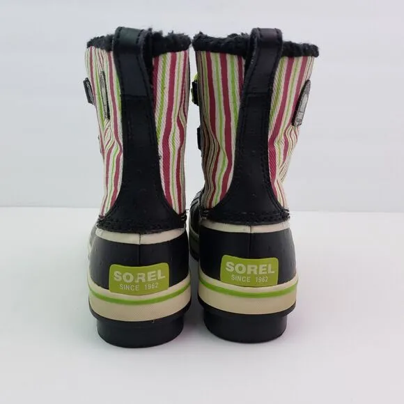 Sorel Tivoli Pac Girls Size 2Y Black Pink Green Striped Winter Snow Boots NY1819