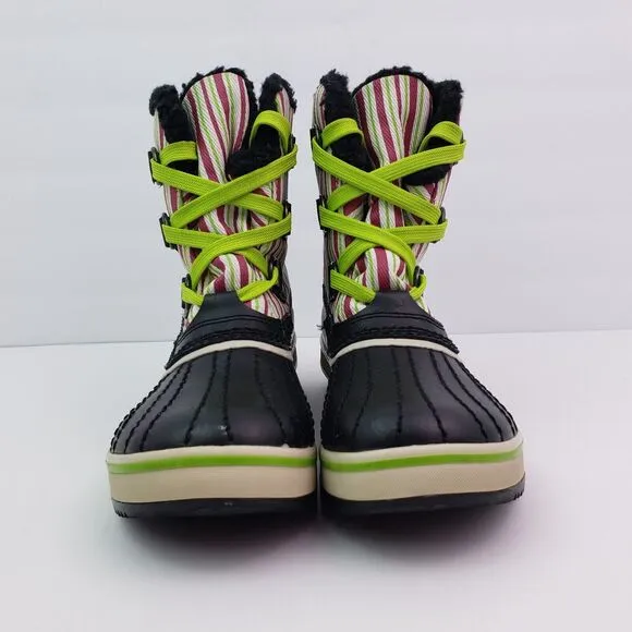 Sorel Tivoli Pac Girls Size 2Y Black Pink Green Striped Winter Snow Boots NY1819